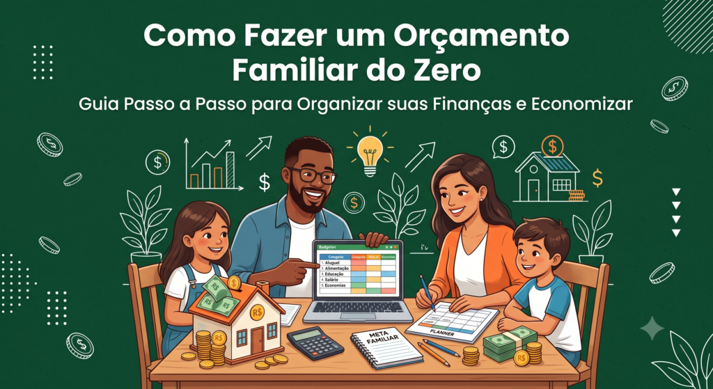 Ilustração de uma família organizando o orçamento familiar em casa, com planilha e calculadora
