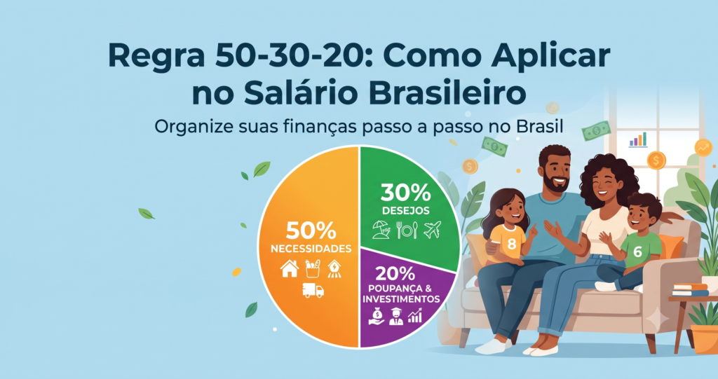 Gráfico de pizza mostrando a regra 50-30-20 aplicada ao salário brasileiro