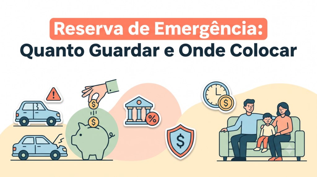 Ilustração mostrando como montar uma reserva de emergência: imprevistos, poupança gradual, Tesouro Selic, segurança e liquidez