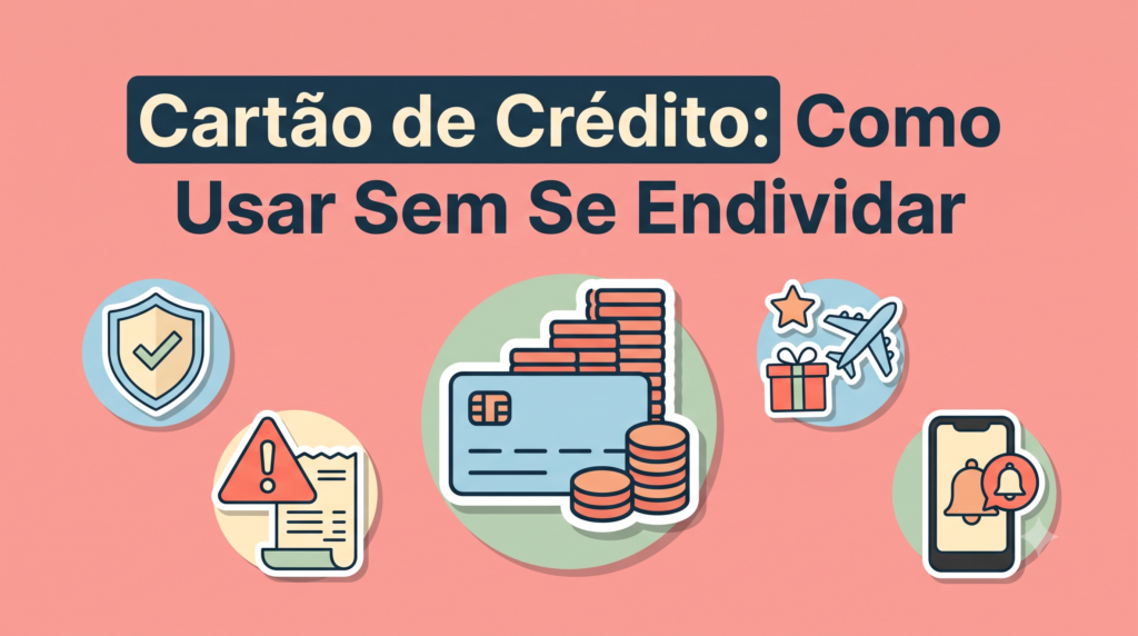 Ilustração mostrando como usar o cartão de crédito sem se endividar: limite pessoal, alerta de fatura, benefícios e cuidados