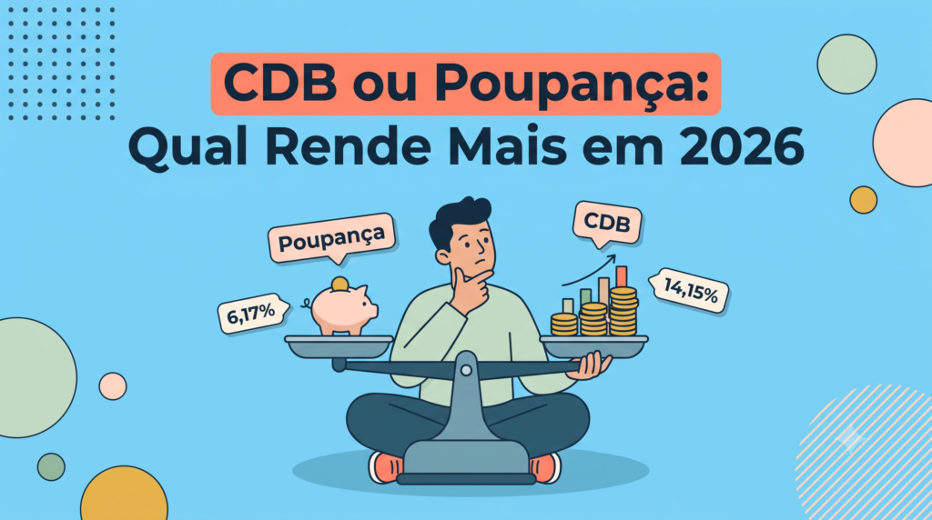 CDB ou poupança: balança comparando rendimento de 6,17% da poupança com 14,15% do CDB em 2026