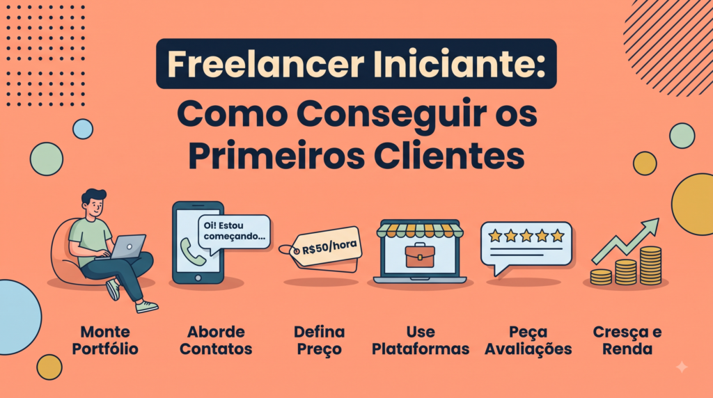 Freelancer iniciante: como conseguir os primeiros clientes — monte portfólio, aborde contatos, defina preço, use plataformas, peça avaliações e cresça a renda