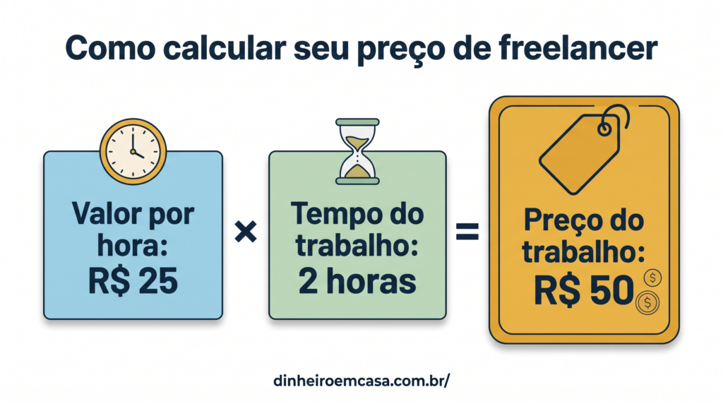 Como calcular seu preço de freelancer: valor por hora R$ 25 vezes tempo do trabalho 2 horas igual a preço do trabalho R$ 50