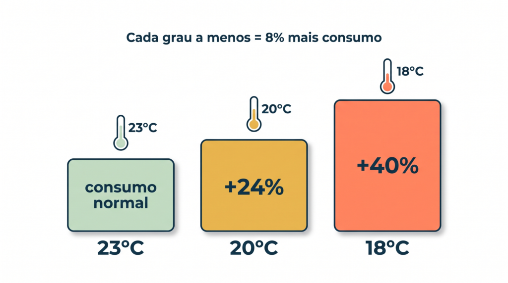 Cada grau a menos no ar-condicionado aumenta 8% o consumo: 23°C consumo normal, 20°C mais 24%, 18°C mais 40%