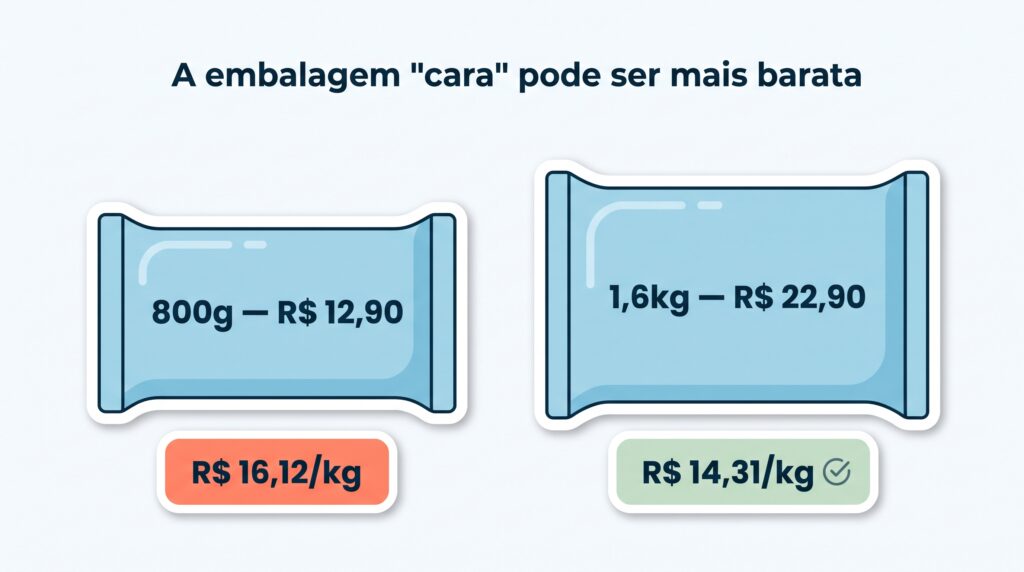 Comparação de preço por quilo de sabão em pó: embalagem de 800g por R$ 12,90 sai R$ 16,12 o quilo, embalagem de 1,6kg por R$ 22,90 sai R$ 14,31 o quilo