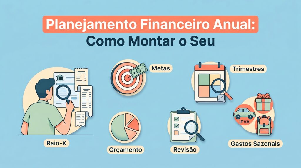 Infográfico de planejamento financeiro anual com os passos raio-x financeiro, metas, trimestres, orçamento 50-30-20, revisão e gastos sazonais