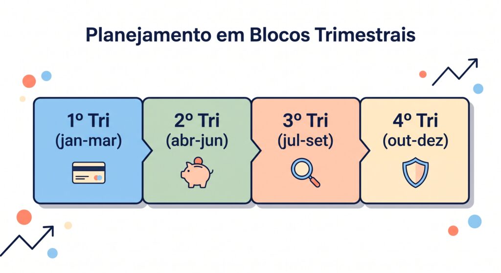 Linha do tempo dos 4 trimestres do planejamento financeiro anual: dívidas, reserva de emergência, revisão do orçamento e fechamento do ano