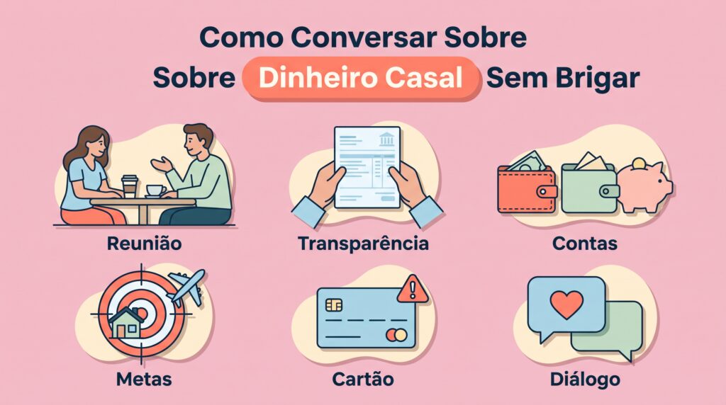 Infográfico sobre como conversar sobre dinheiro casal sem brigar, com os temas reunião, transparência, contas, metas, cartão e diálogo