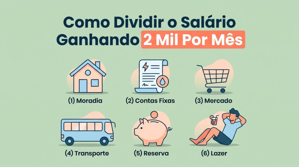 Infográfico de como dividir o salário ganhando 2 mil por mês, com as categorias moradia, contas fixas, mercado, transporte, reserva e lazer