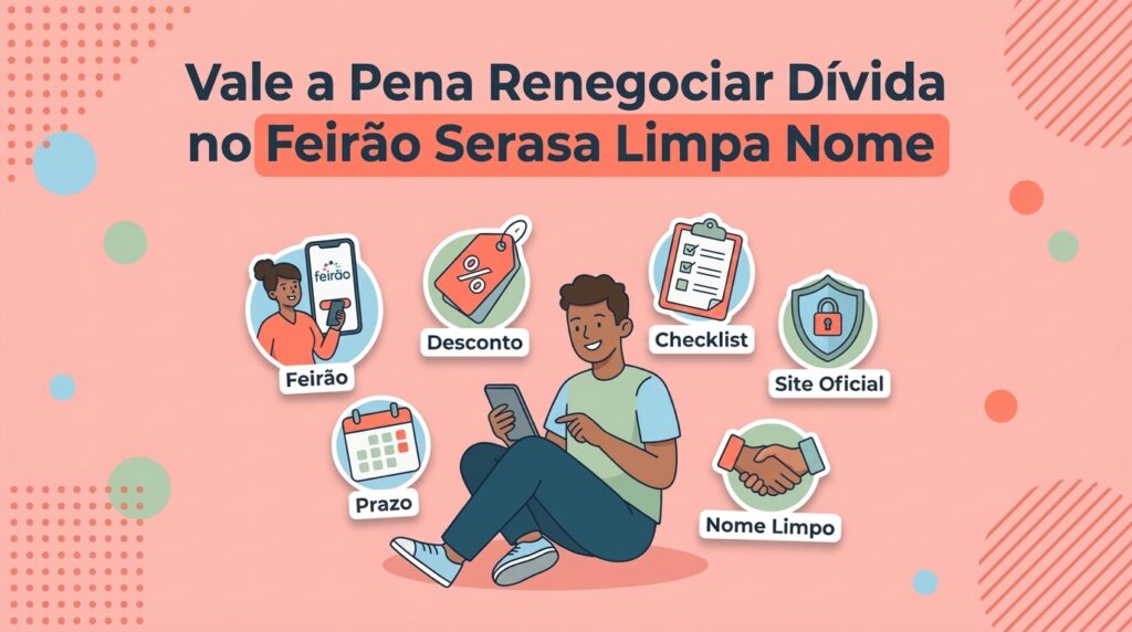 Infográfico sobre vale a pena renegociar dívida no Feirão Serasa Limpa Nome, com os temas desconto, checklist, prazo, site oficial e nome limpo
