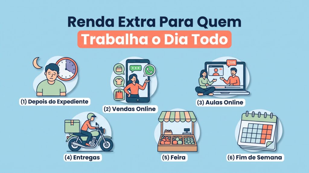 Infográfico de renda extra para quem trabalha o dia todo, com opções à noite e no fim de semana: vendas online, aulas, entregas, feira