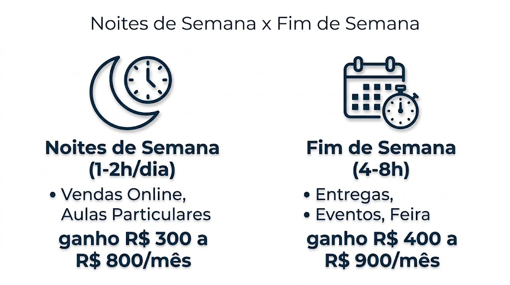 Cálculo do tempo real disponível para renda extra: 4,5h nas noites de semana mais 5h no fim de semana, totalizando 9,5h por semana