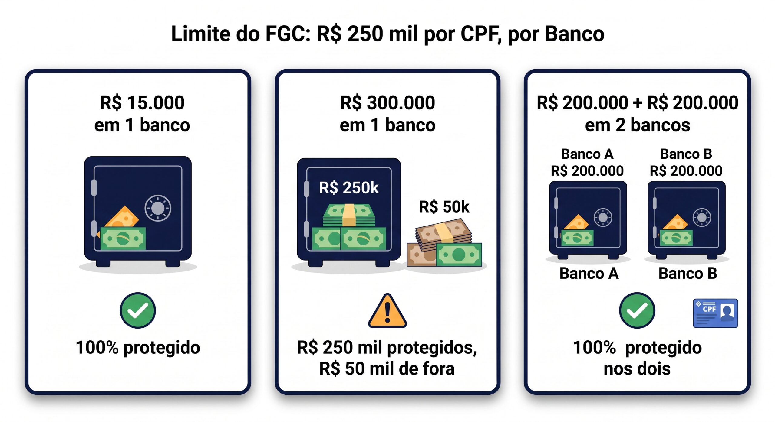 Limite do FGC de R$ 250 mil por CPF por banco, com exemplos de valores protegidos e não protegidos