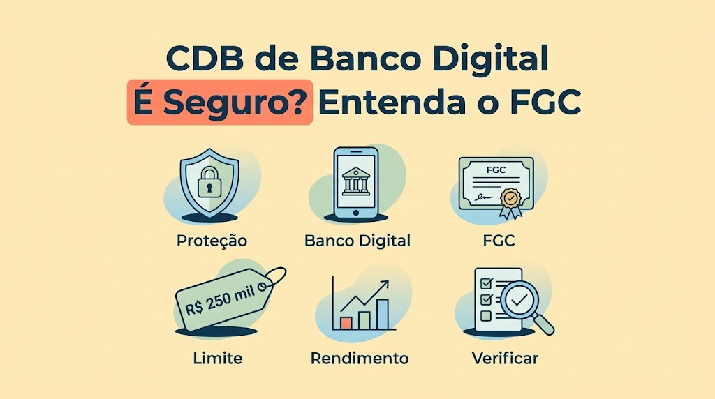 Infográfico sobre se CDB de banco digital é seguro, explicando o FGC: proteção, limite de R$ 250 mil, rendimento e como verificar