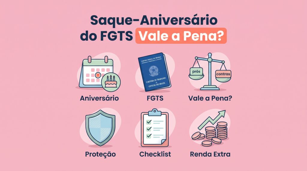 Infográfico sobre se o saque-aniversário do FGTS vale a pena, com os temas proteção, checklist e renda extra