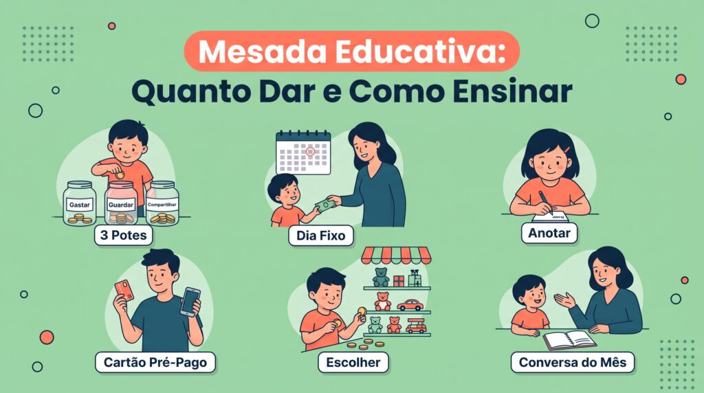 Infográfico sobre mesada educativa: 3 potes, dia fixo, anotar gastos, cartão pré-pago, escolher e conversa do mês
