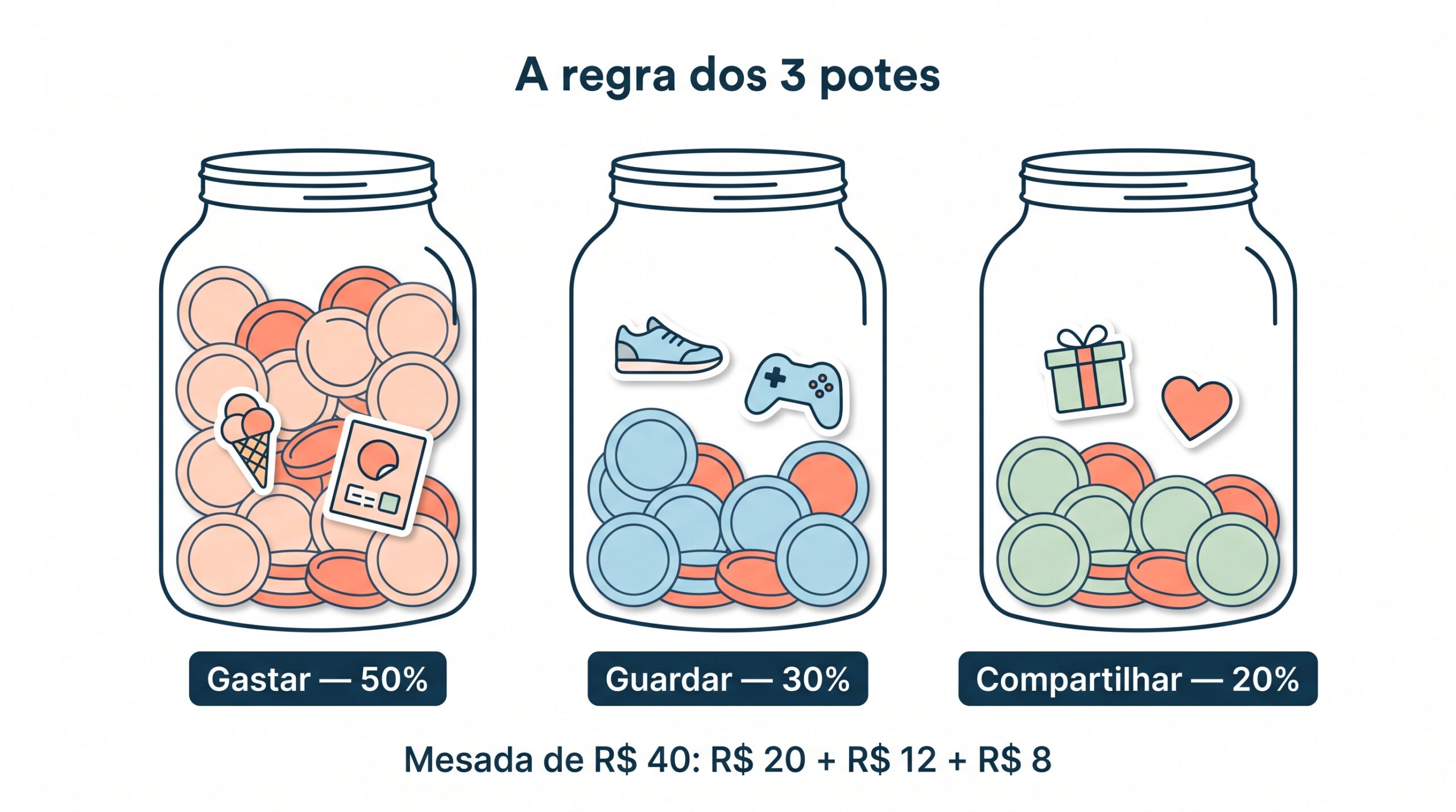 Regra dos 3 potes da mesada educativa: gastar 50%, guardar 30% e compartilhar 20%, com exemplo de mesada de R$ 40