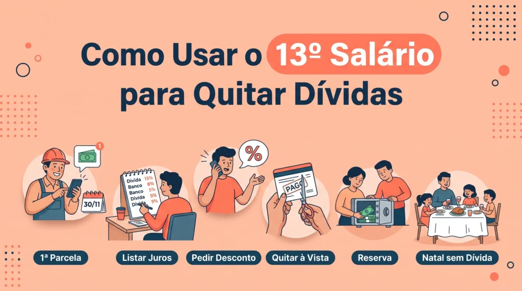 Infográfico sobre como usar o 13º salário para quitar dívidas: primeira parcela, listar juros, pedir desconto, quitar à vista, reserva e Natal sem dívida
