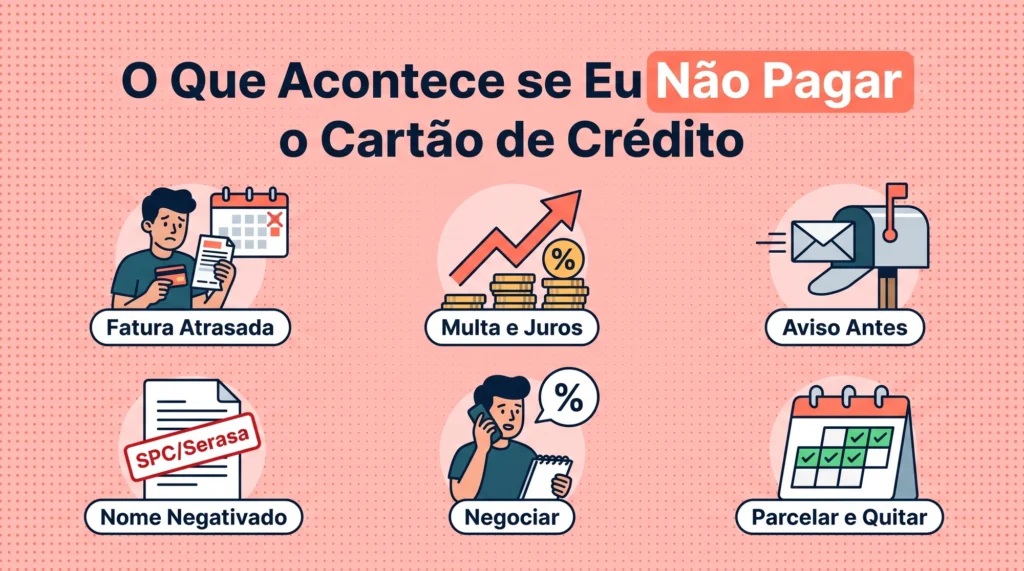 O que acontece se eu não pagar o cartão de crédito: fatura atrasada, multa e juros, aviso antes, nome negativado, negociar e parcelar