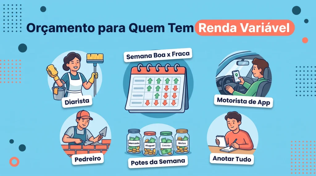 Orçamento para renda variável: diarista, pedreiro, motorista de app e potes de dinheiro separados por semana