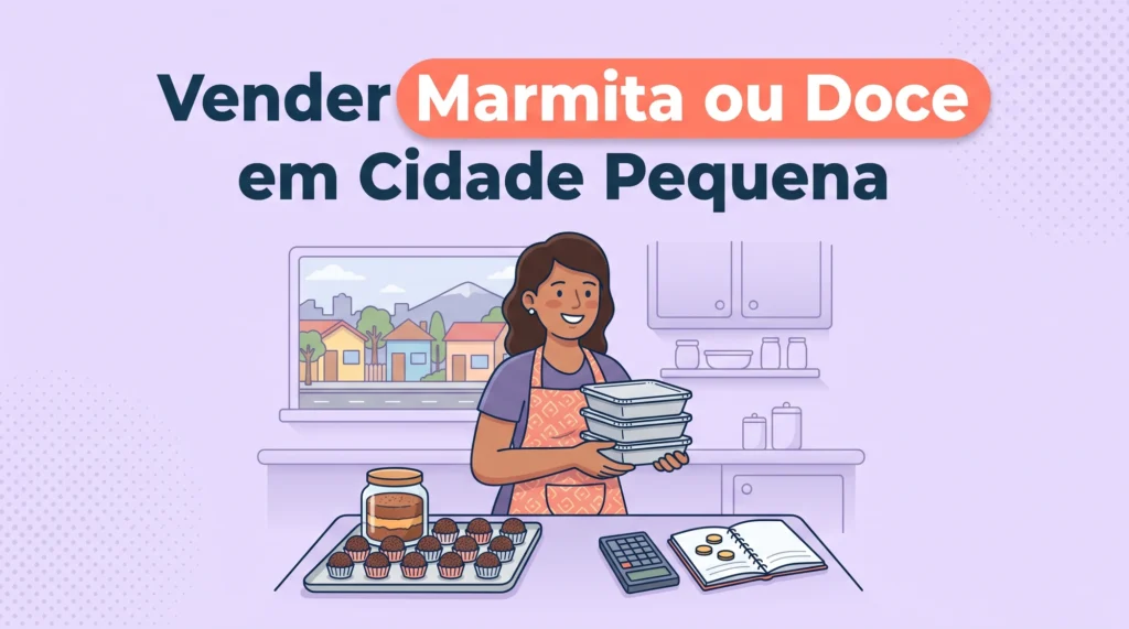 Mulher vendendo marmita e doce em casa, em cidade pequena, com brigadeiros, calculadora e caderno de contas